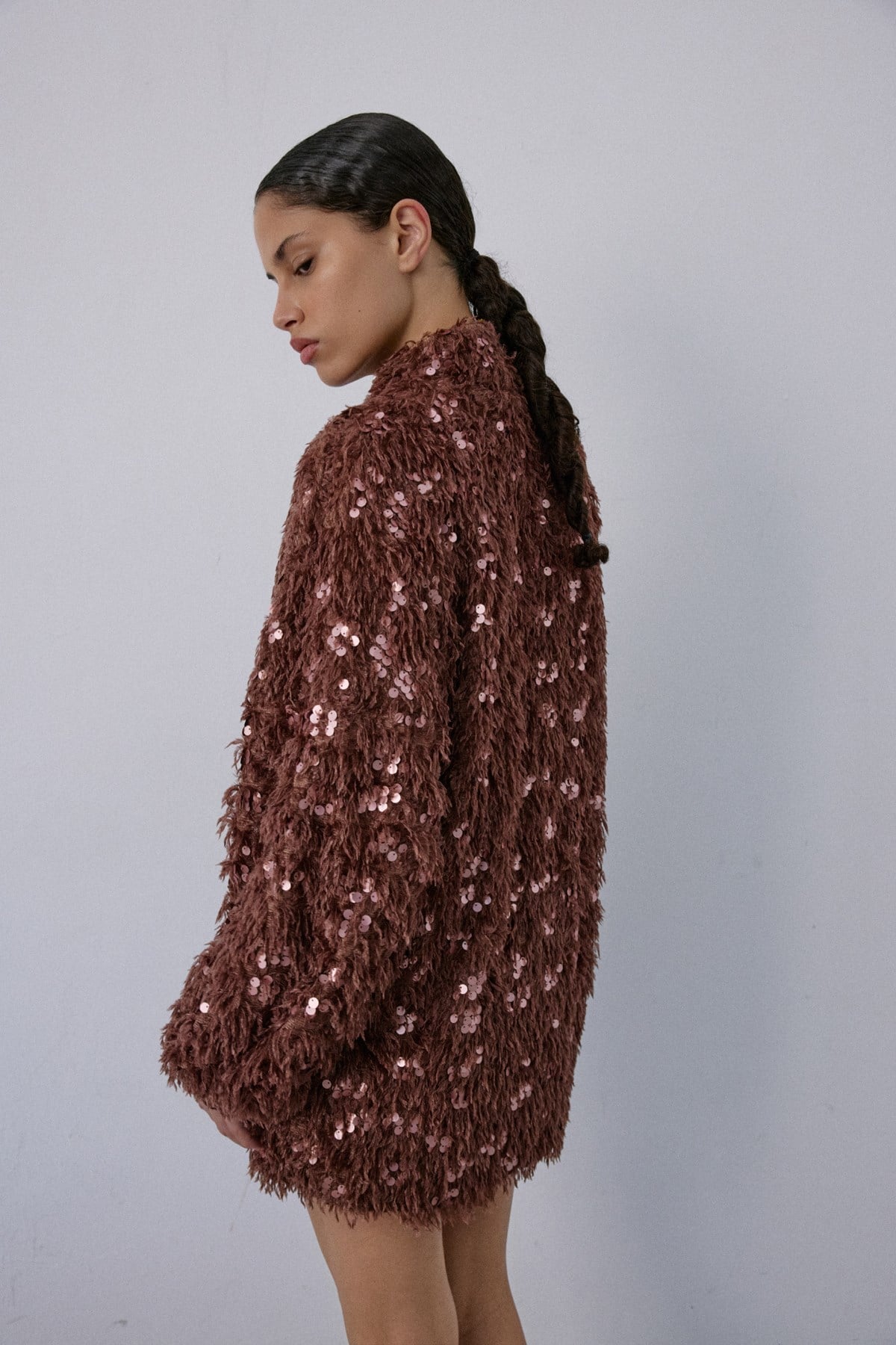 Feather Textured Sequin Embellished  Cardigan