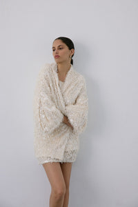 Ecru Feather Textured Sequin Embellished  Cardigan