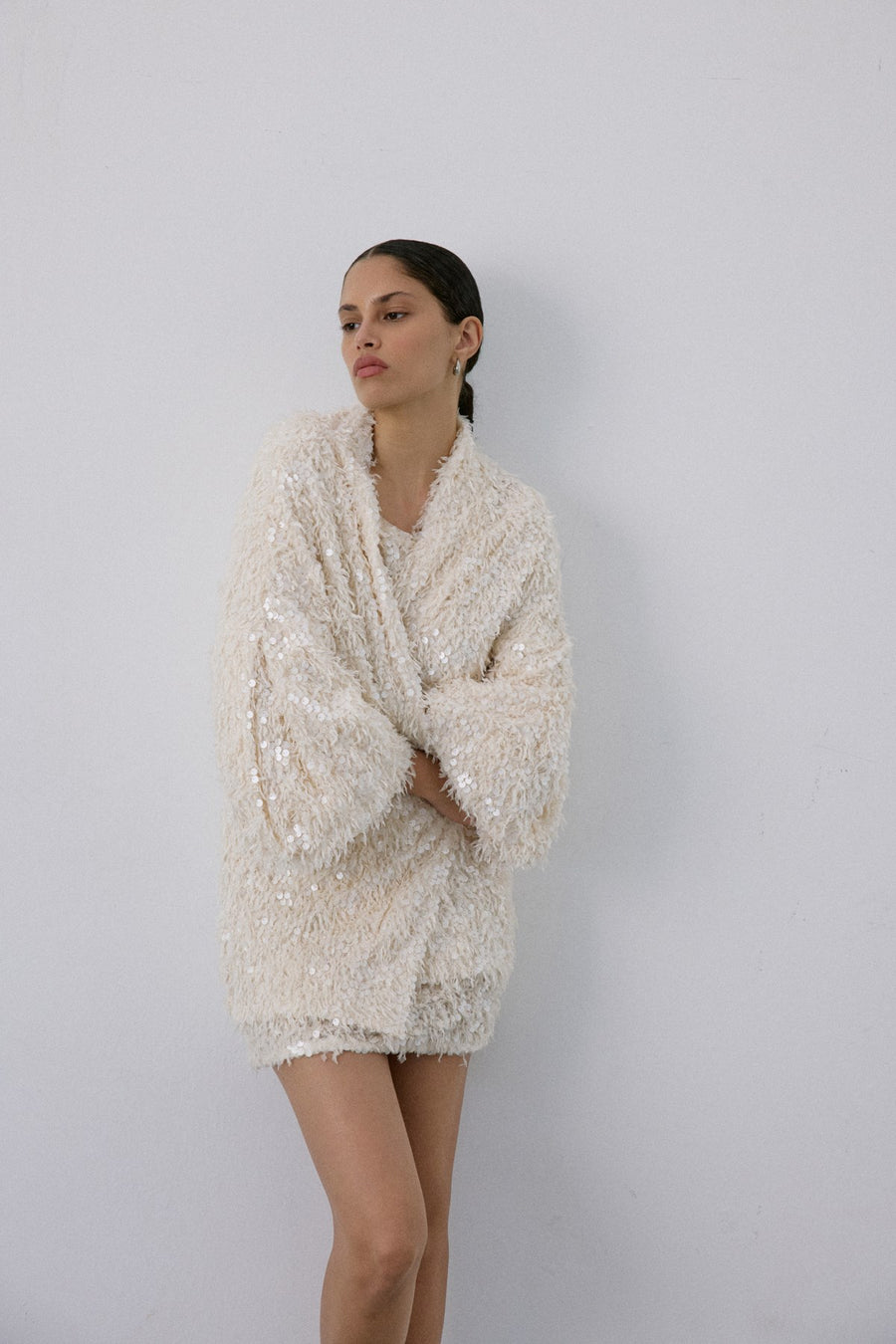 Feather Textured Sequin Embellished  Cardigan