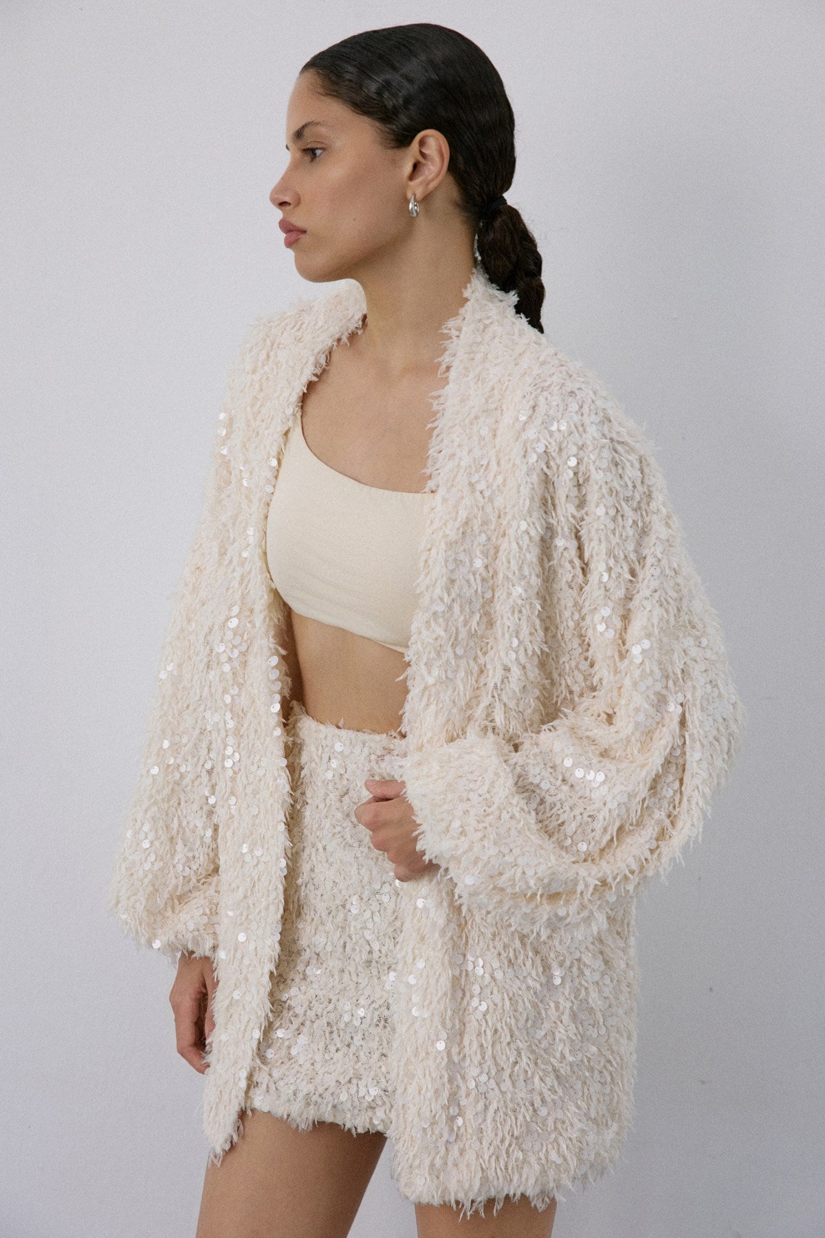 Feather Textured Sequin Embellished  Cardigan