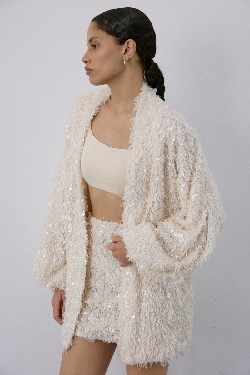 Feather Textured Sequin Embellished  Cardigan