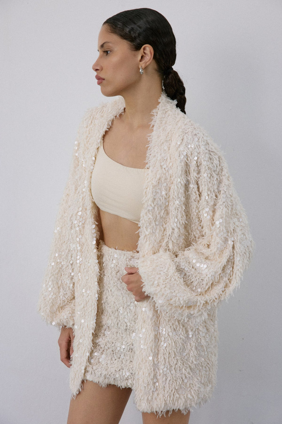 Feather Textured Sequin Embellished  Cardigan