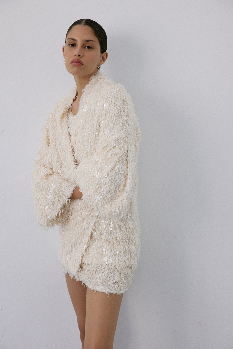 Feather Textured Sequin Embellished  Cardigan