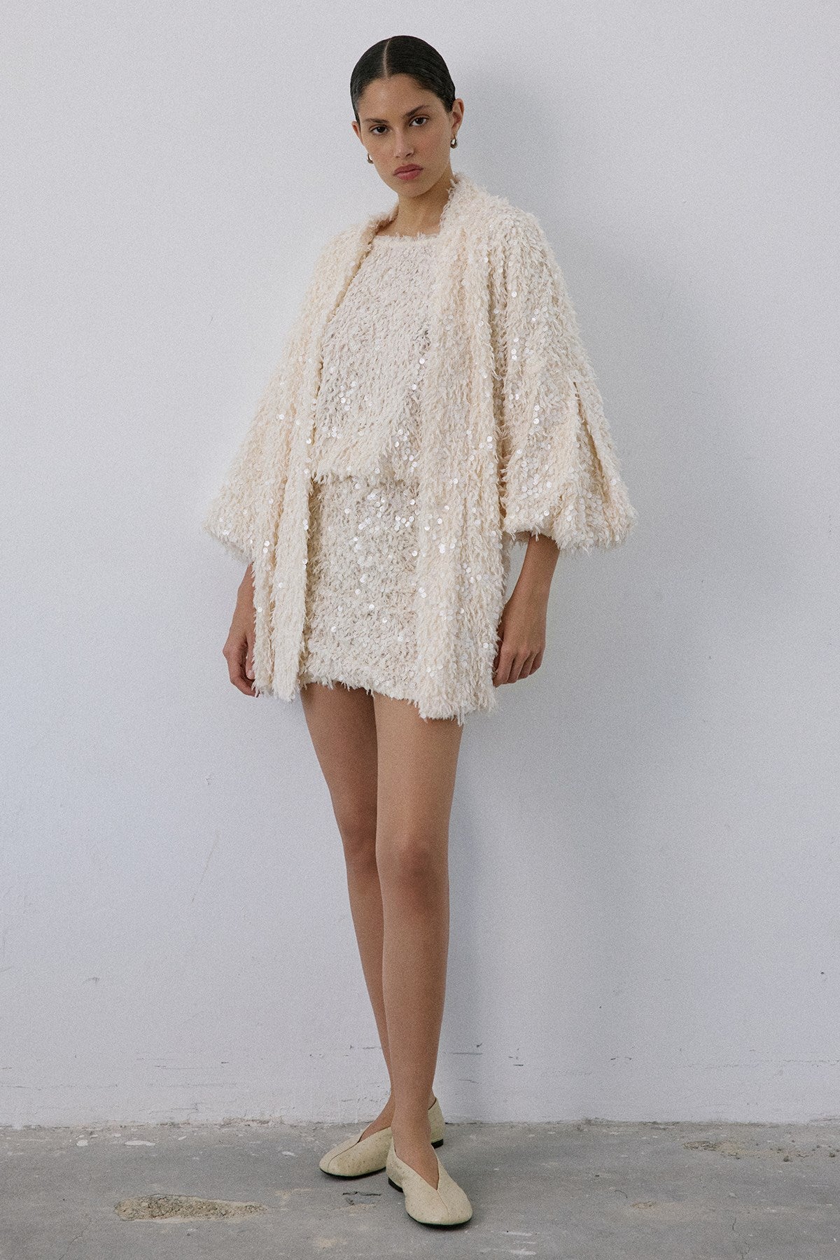 Feather Textured Sequin Embellished  Cardigan