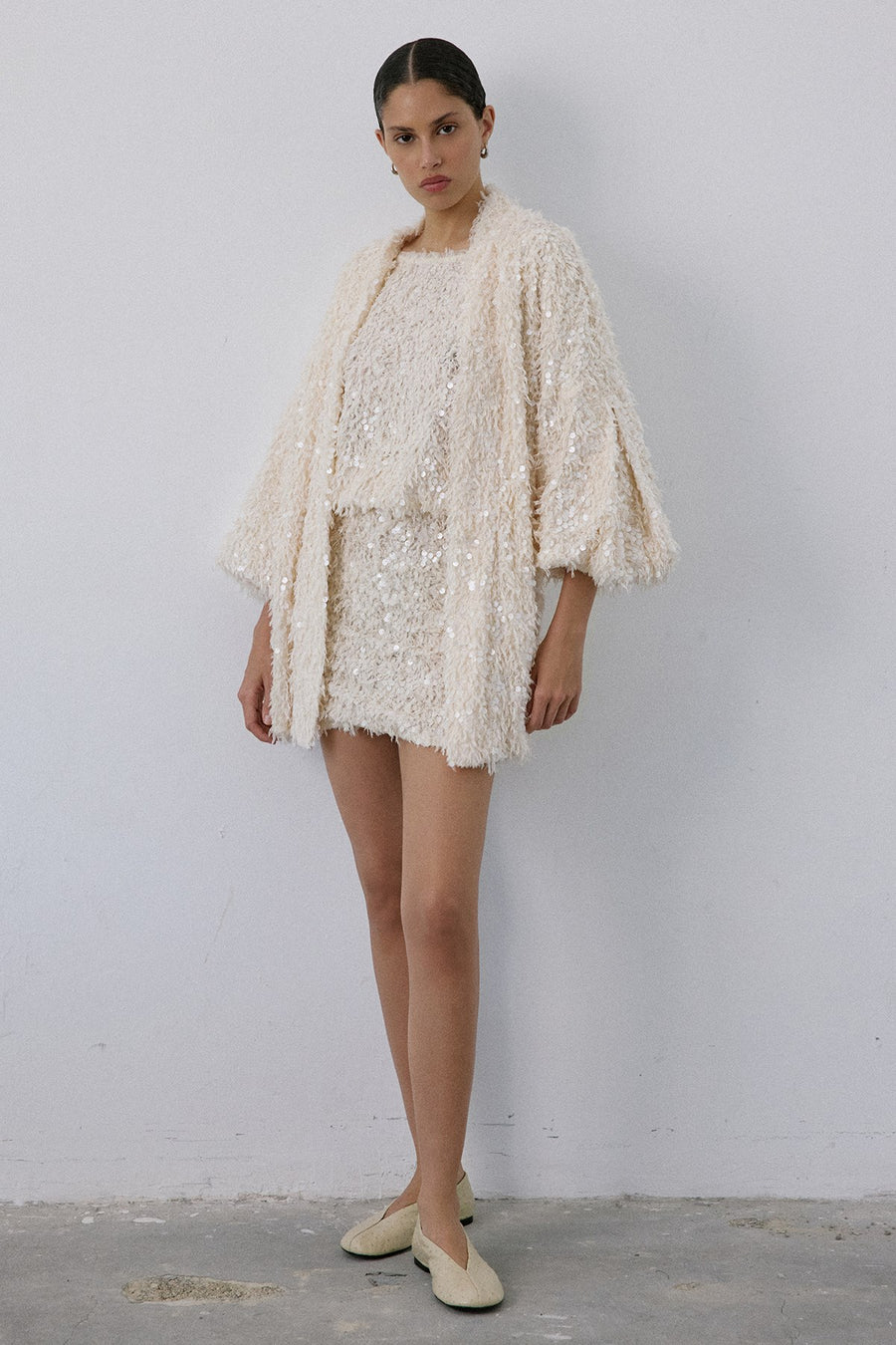 Feather Textured Sequin Embellished  Cardigan