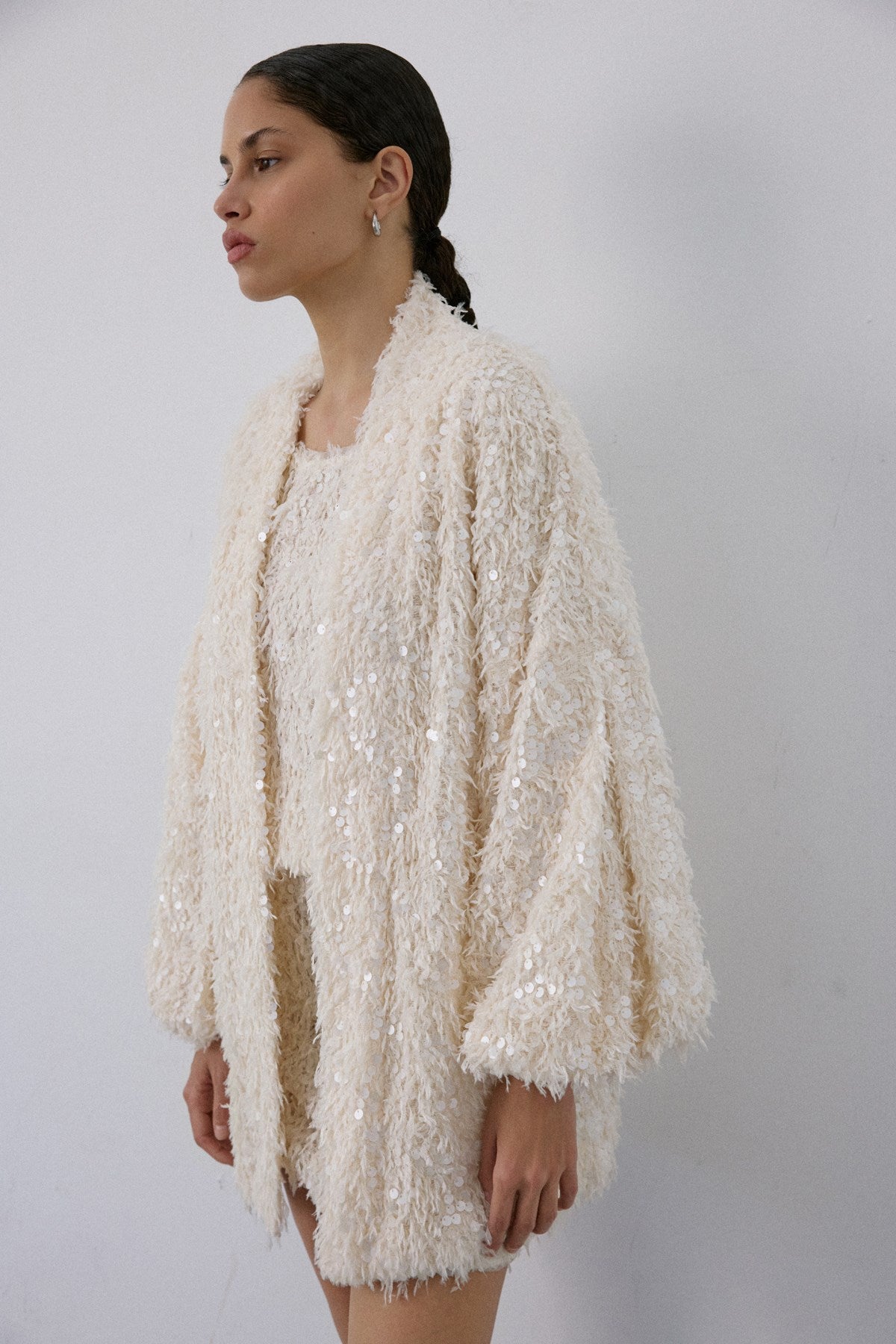 Feather Textured Sequin Embellished  Cardigan