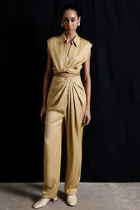 Camel Front Pleated Linen Blend  Trousers
