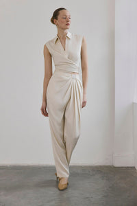 Ecru Front Pleated Linen Blend  Trousers