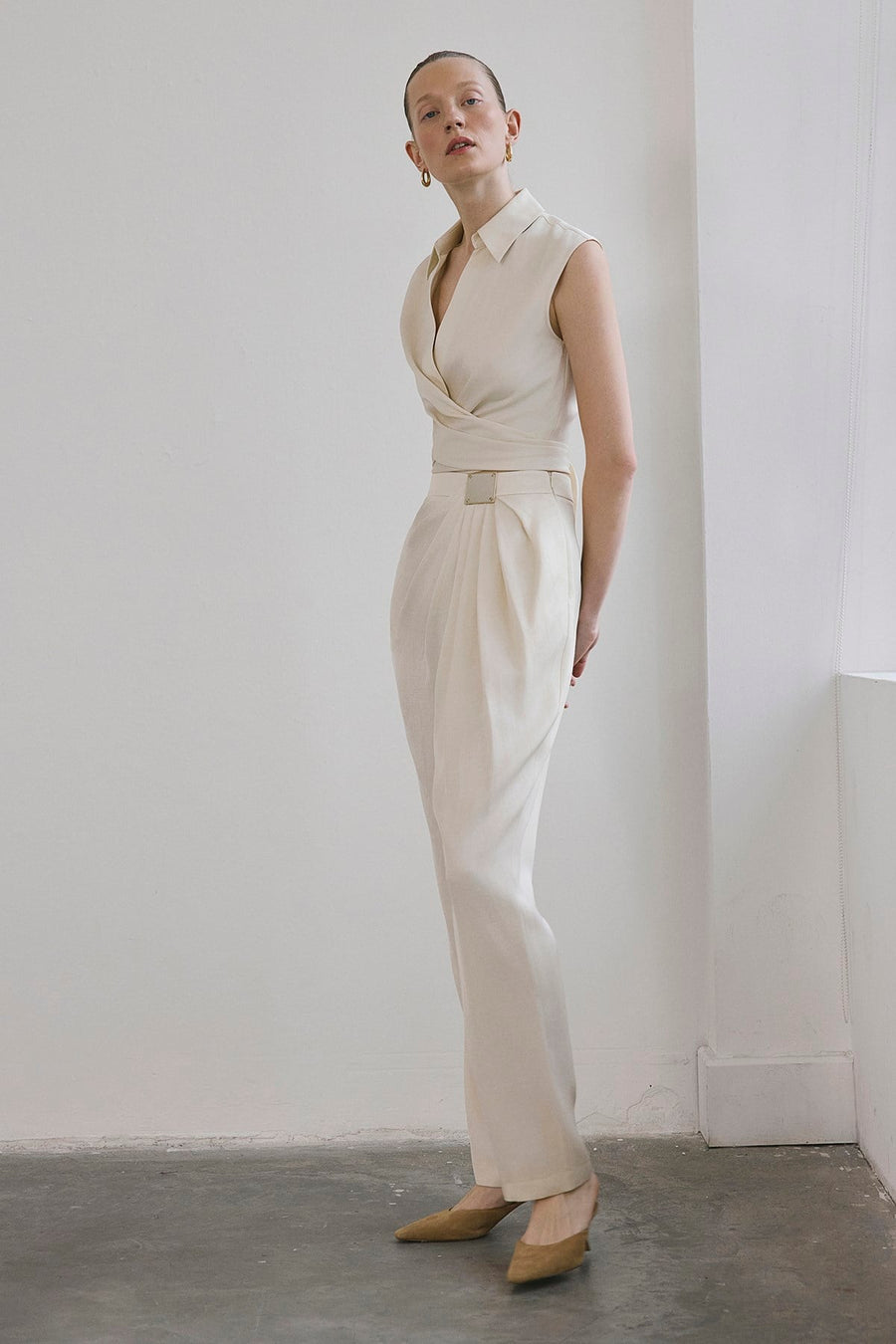 Front Pleated Linen Blend  Trousers