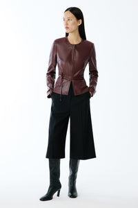 Clared Red Genuine Leather Crew Neck  Jacket