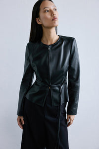 Black Genuine Leather Crew Neck  Jacket