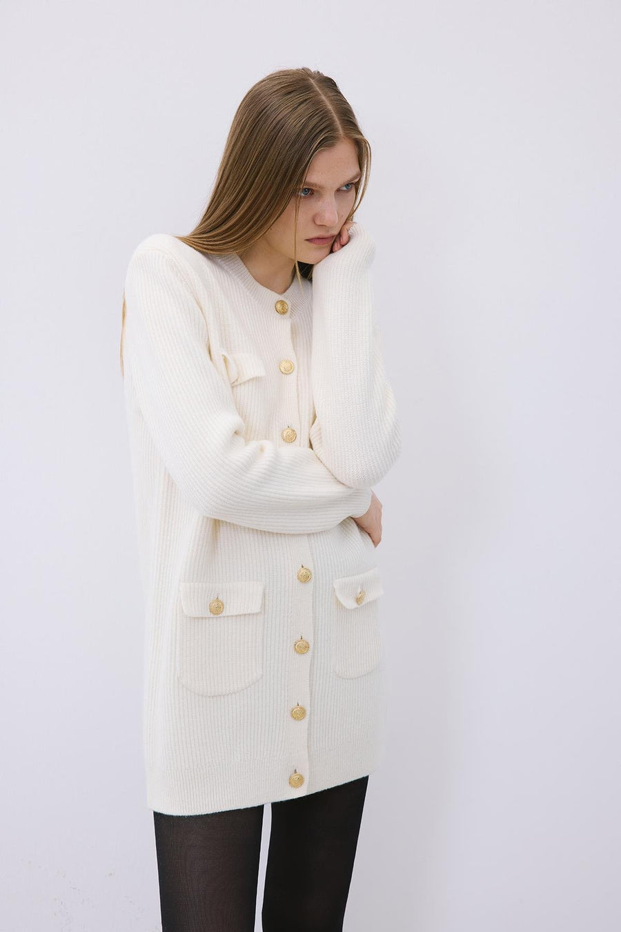 Gold Buttoned  Knit Cardigan