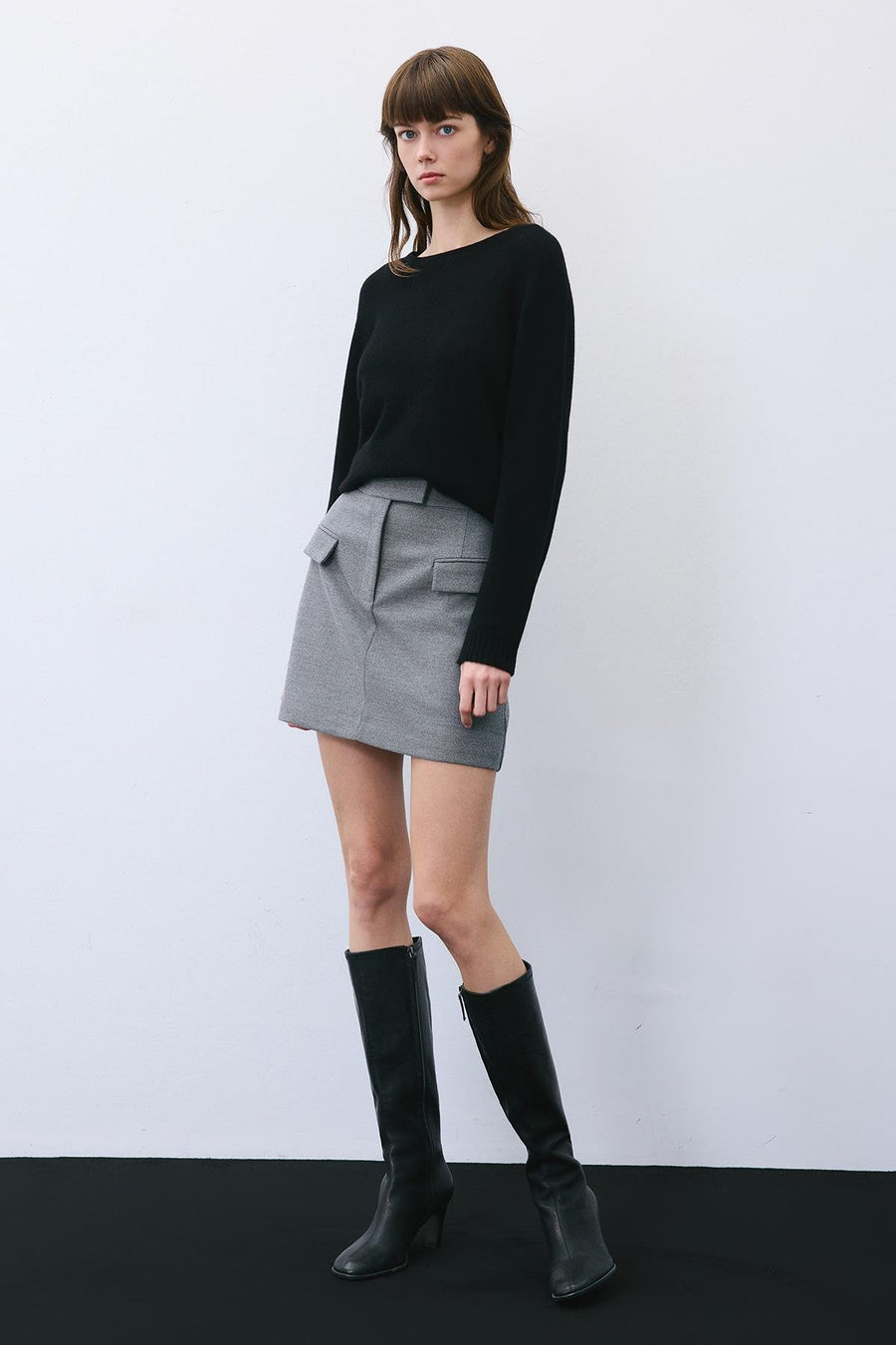 Beige Belted Mini Skirt with Zipper