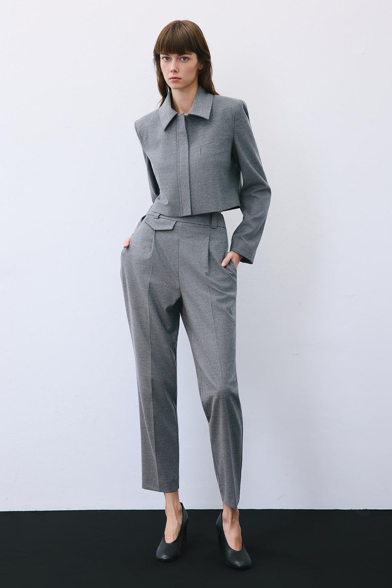 Beige Wool-Blend Zip-Up Crop Jacket