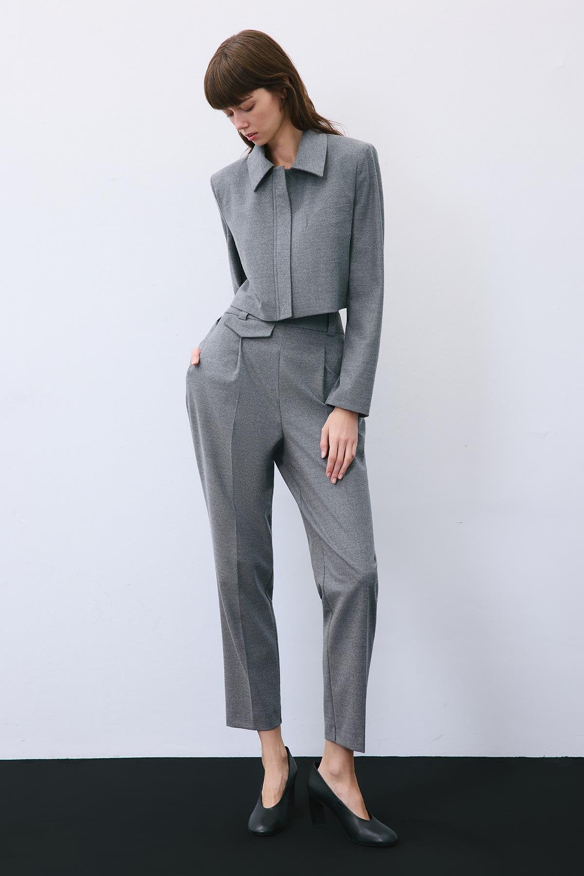 Beige Wool-Blend Zip-Up Crop Jacket