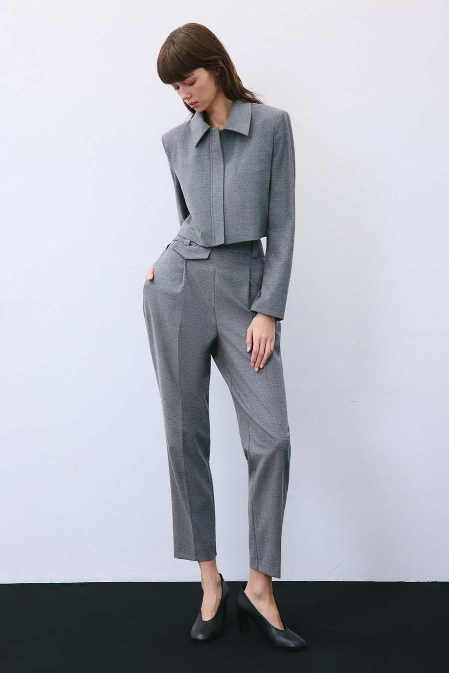 Beige Wool-Blend Zip-Up Crop Jacket