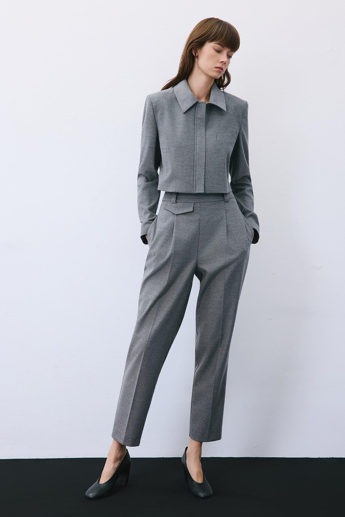 Beige Wool-Blend Zip-Up Crop Jacket