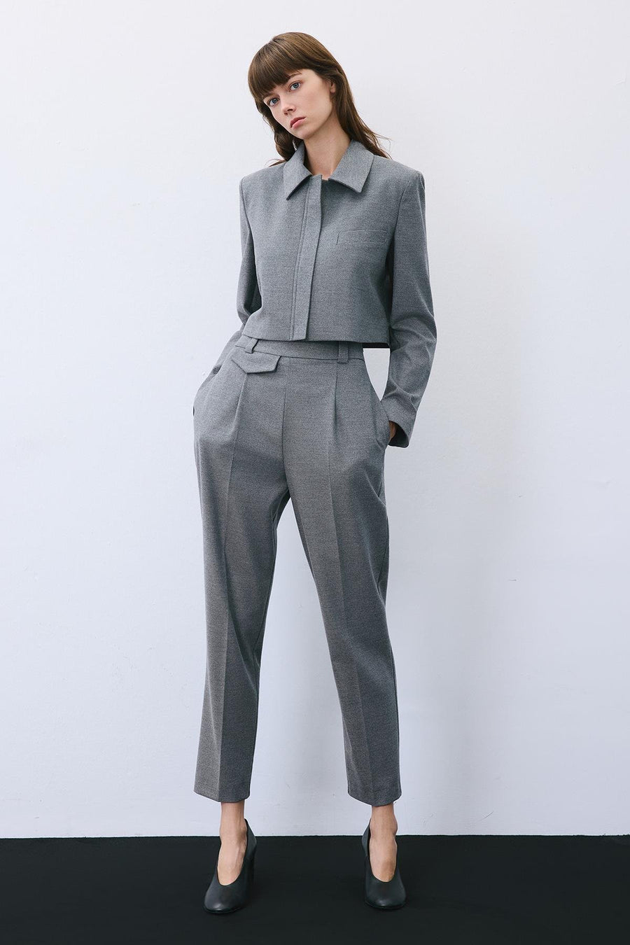 Beige Wool-Blend Zip-Up Crop Jacket