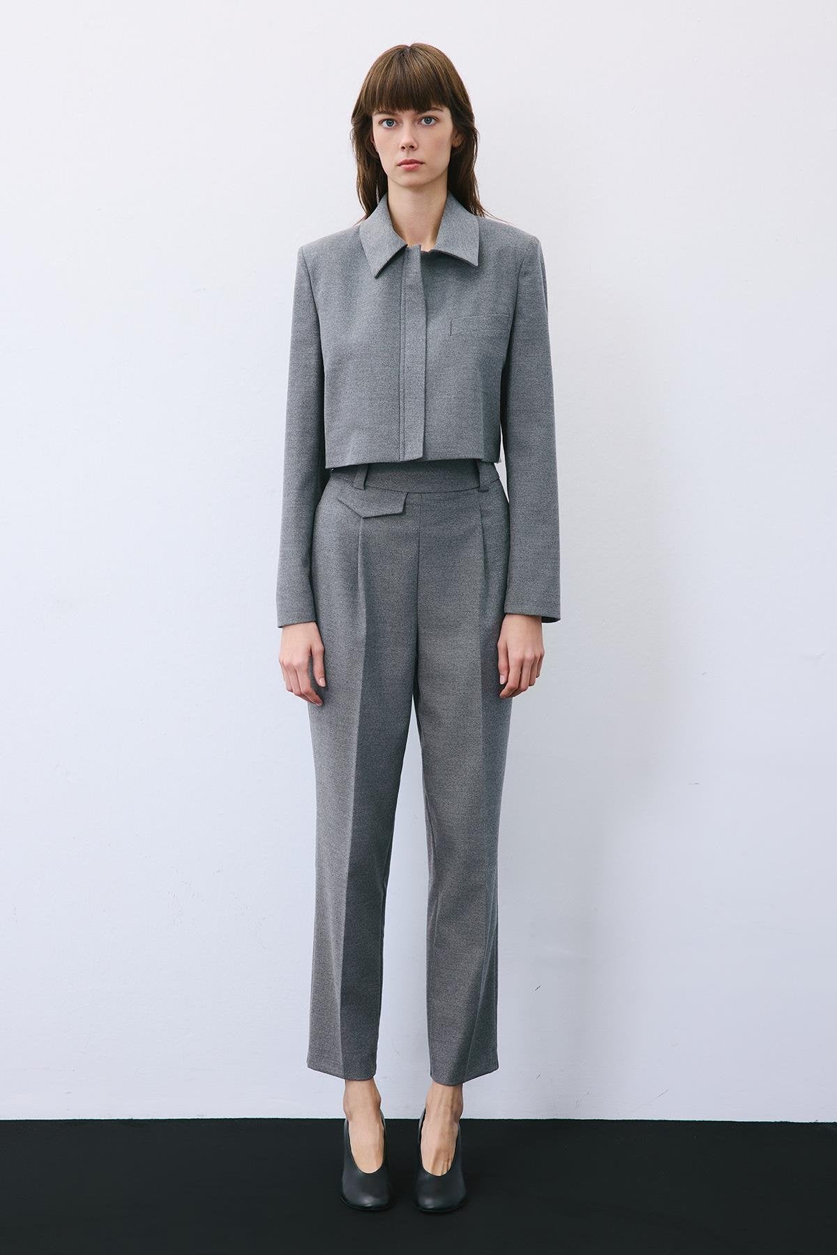 Beige Wool-Blend Zip-Up Crop Jacket