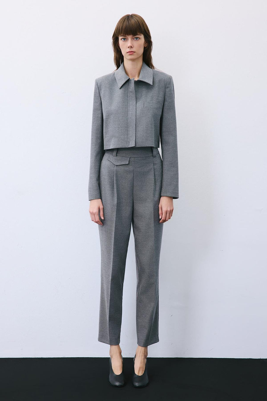 Beige Wool-Blend Zip-Up Crop Jacket