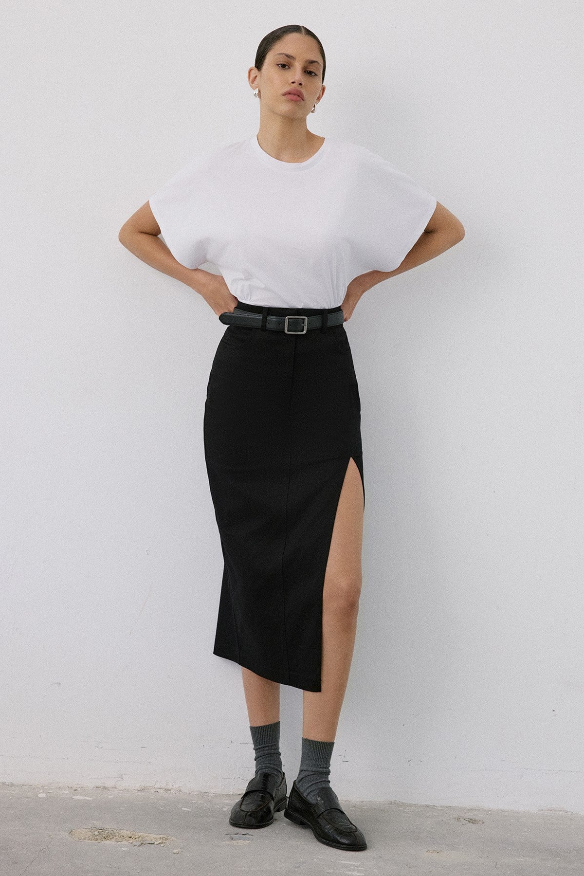 High Waist Asymmetric Slit Midi  Skirt