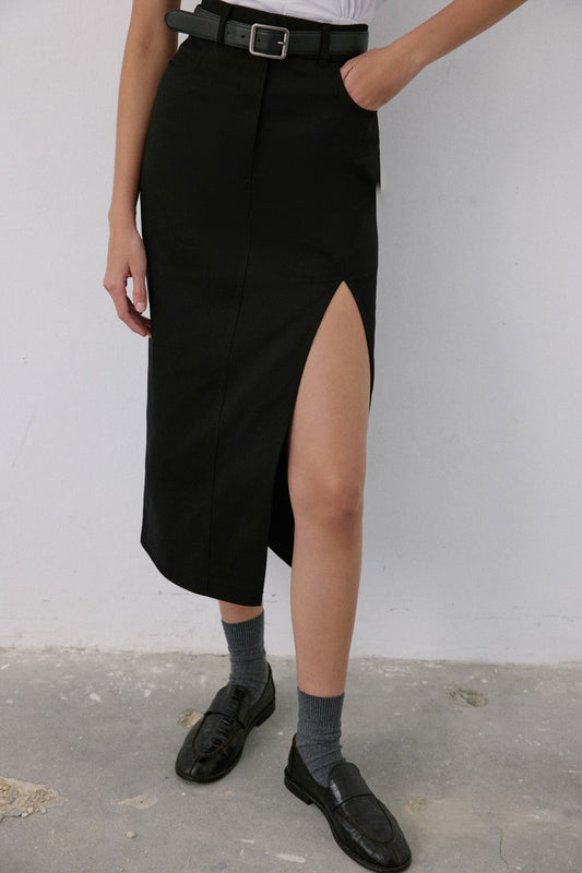 High Waist Asymmetric Slit Midi  Skirt