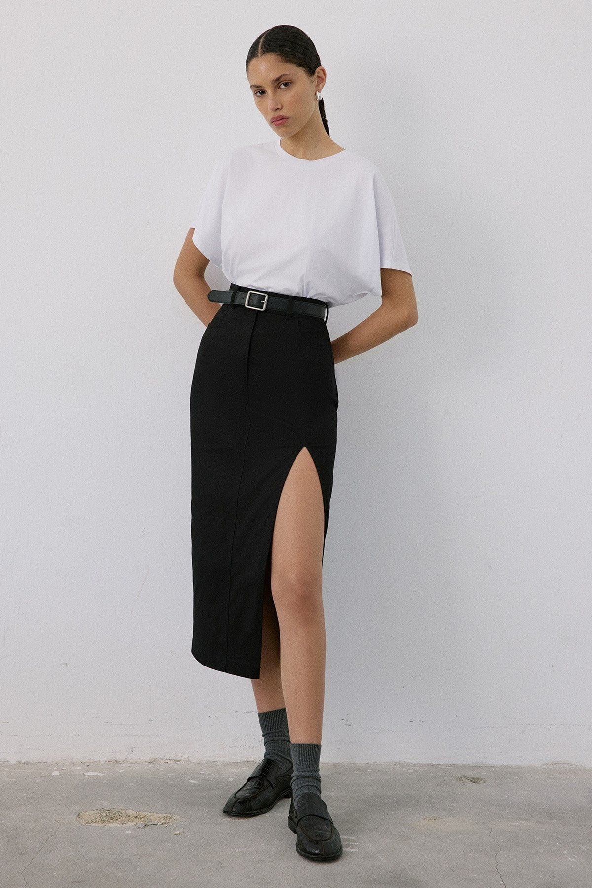 High Waist Asymmetric Slit Midi  Skirt