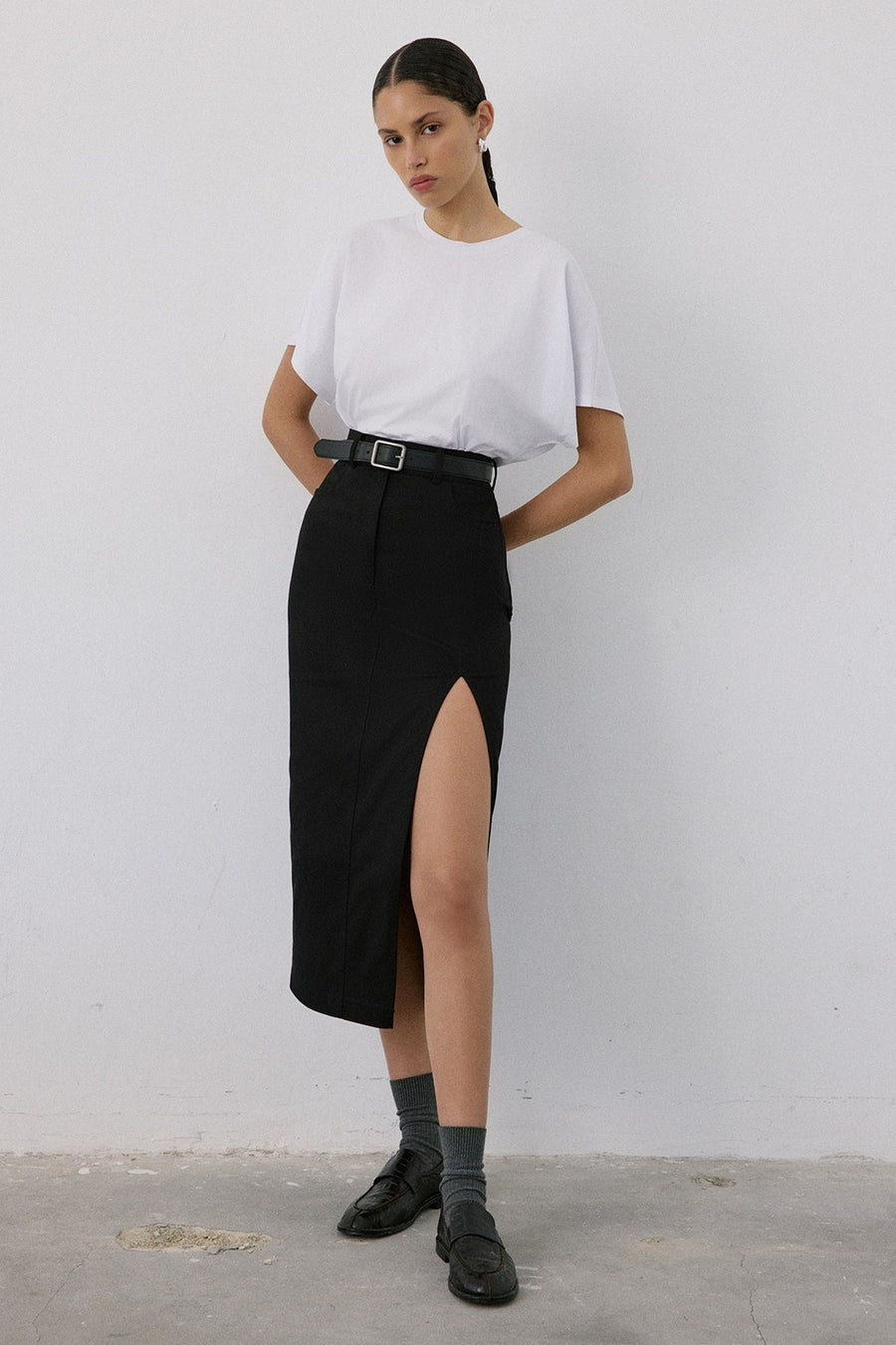 High Waist Asymmetric Slit Midi  Skirt