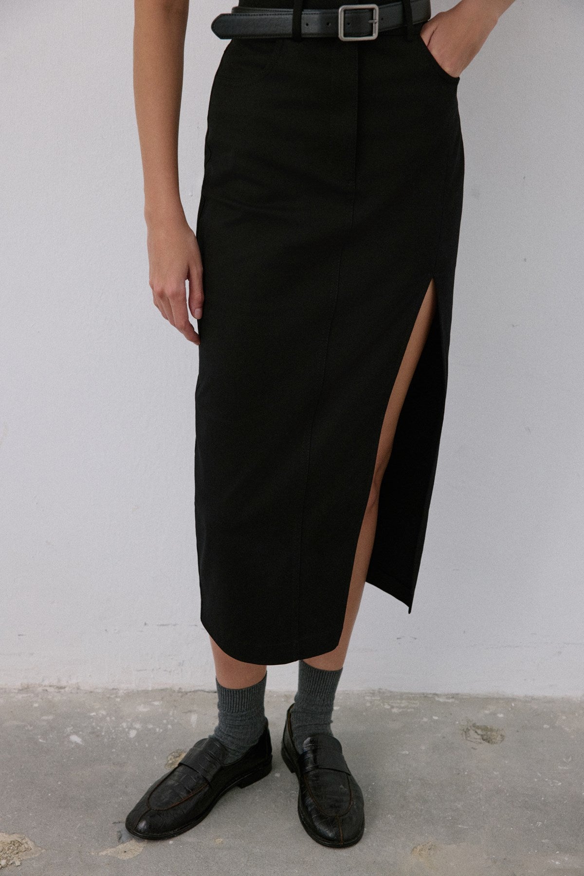 High Waist Asymmetric Slit Midi  Skirt