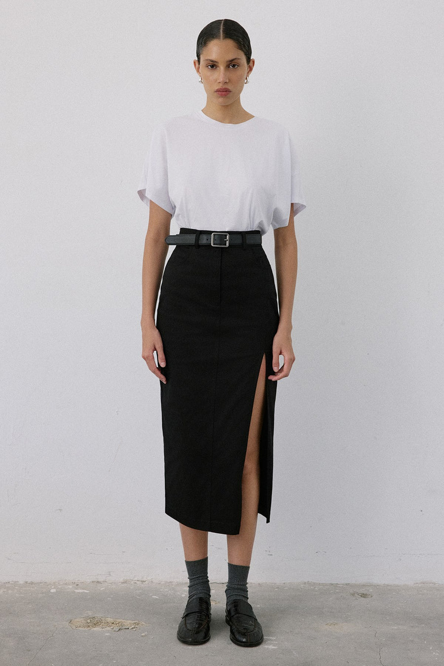 High Waist Asymmetric Slit Midi  Skirt