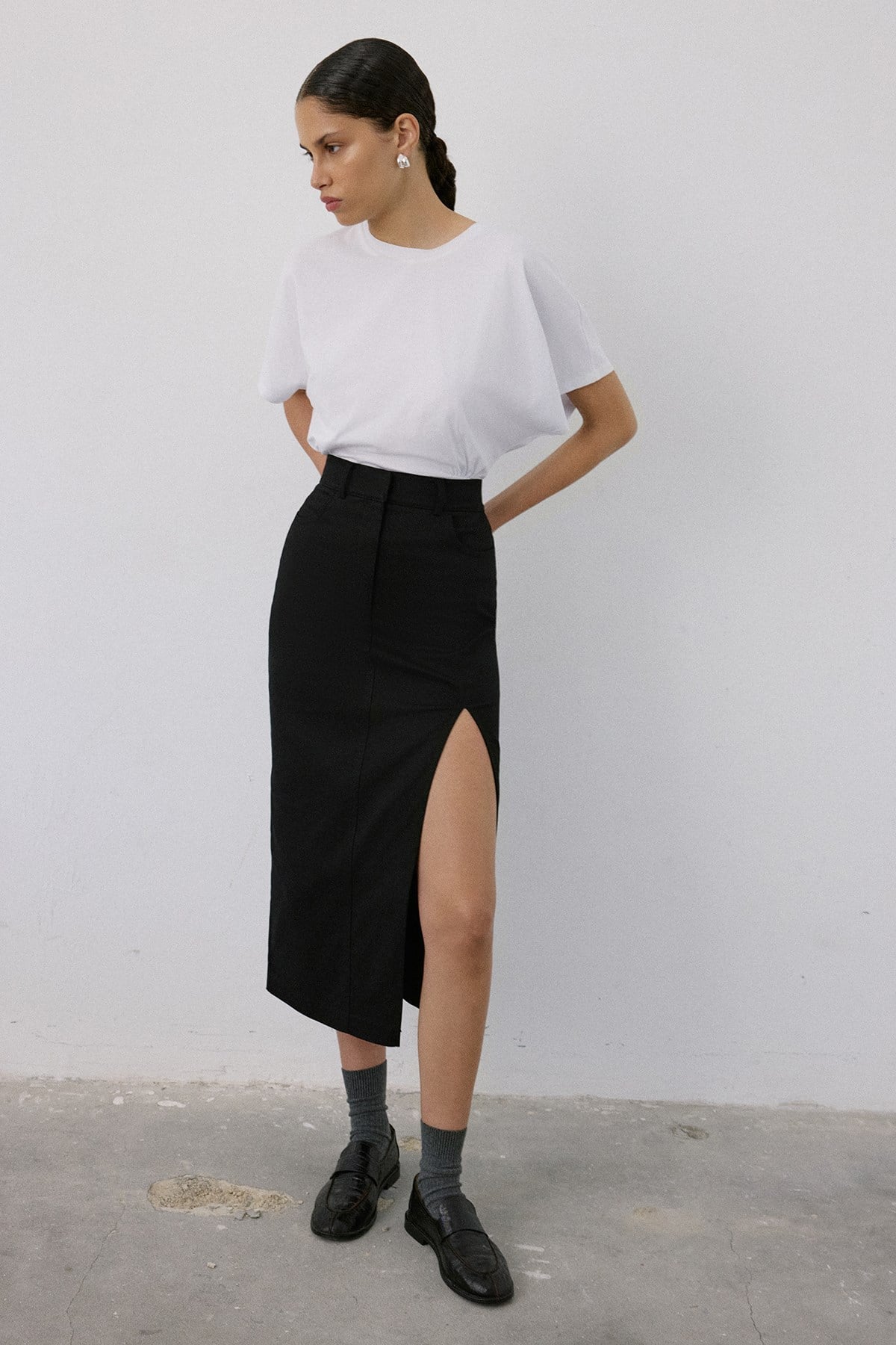 High Waist Asymmetric Slit Midi  Skirt