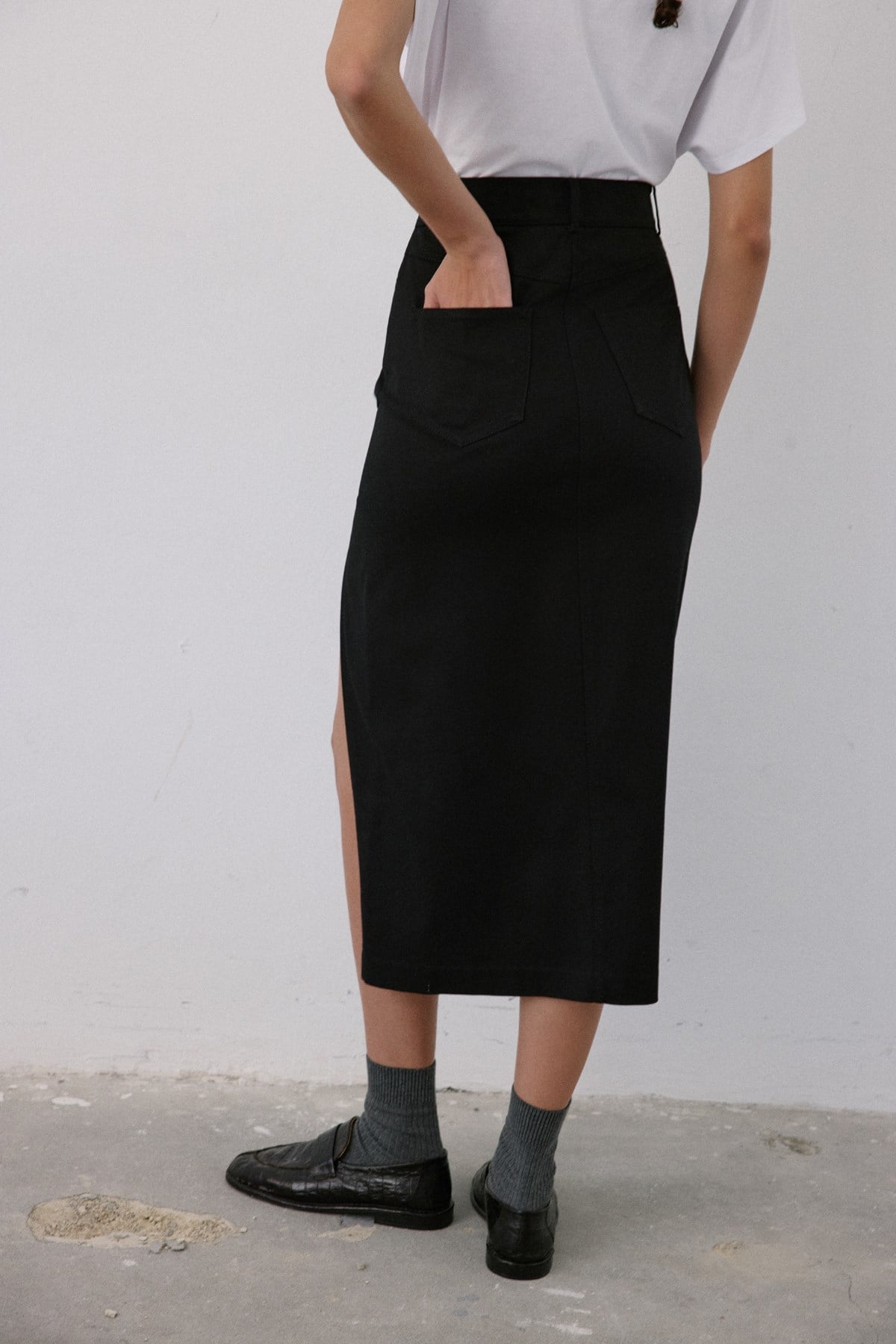 High Waist Asymmetric Slit Midi  Skirt