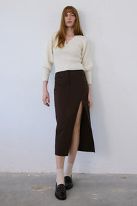 Brown High Waist Asymmetric Slit Midi  Skirt