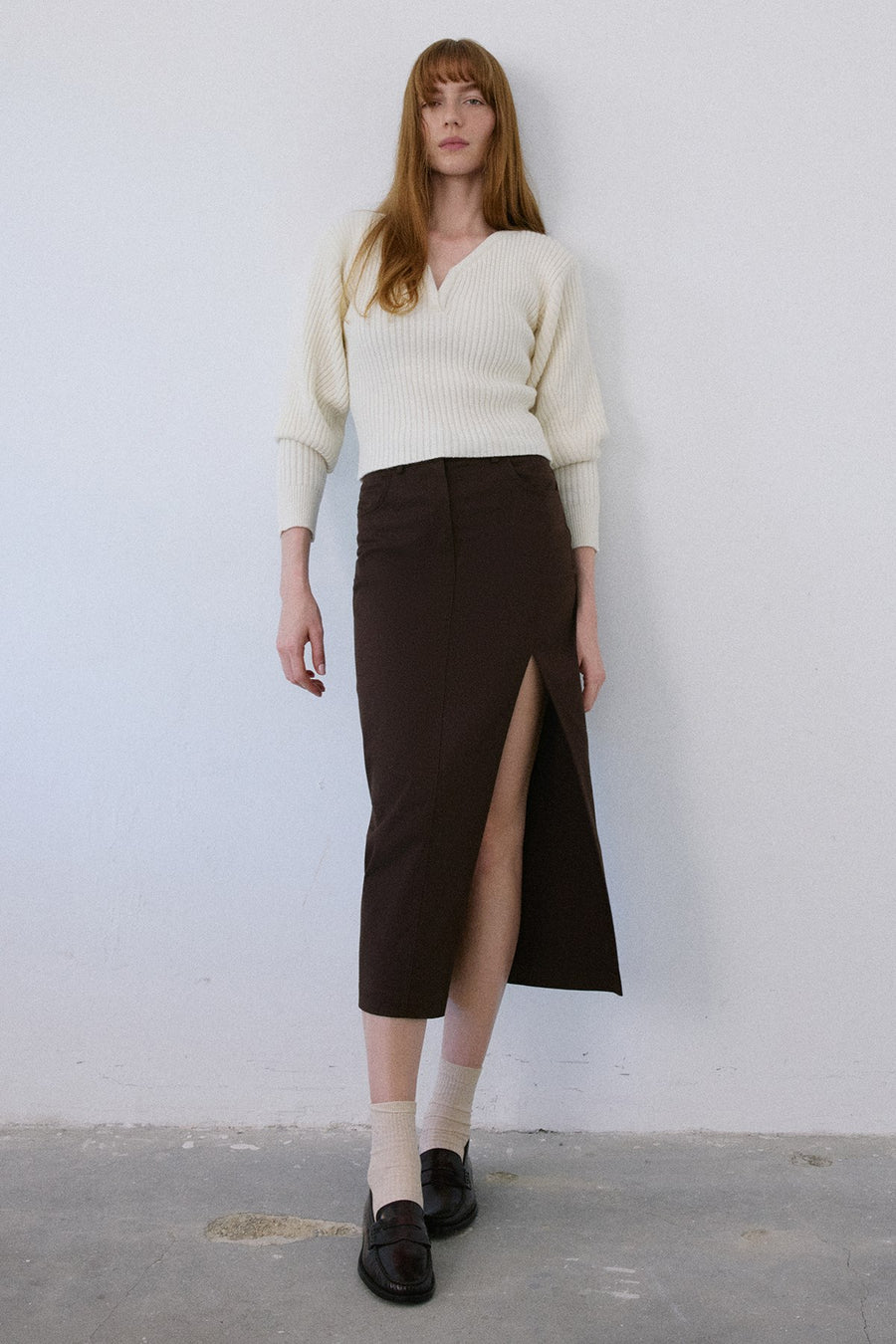 High Waist Asymmetric Slit Midi  Skirt