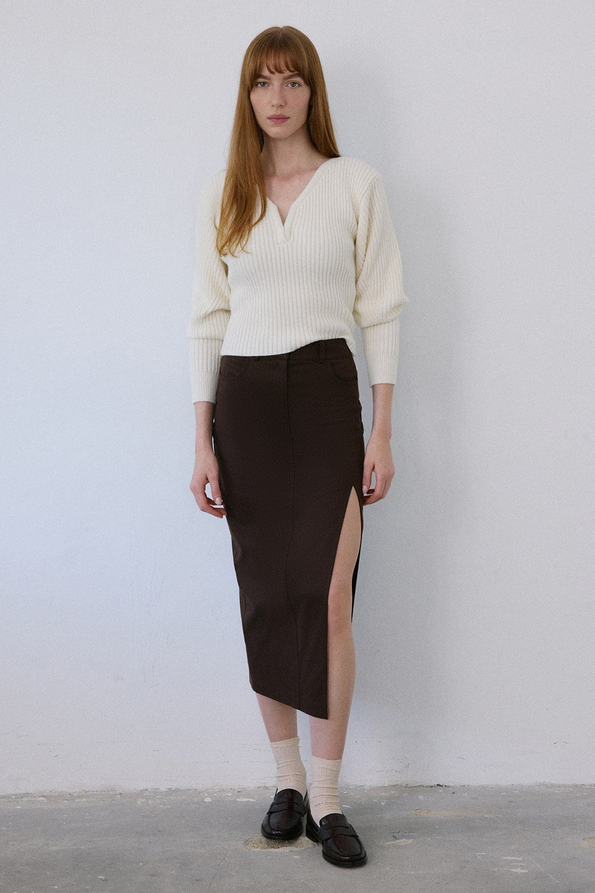 High Waist Asymmetric Slit Midi  Skirt