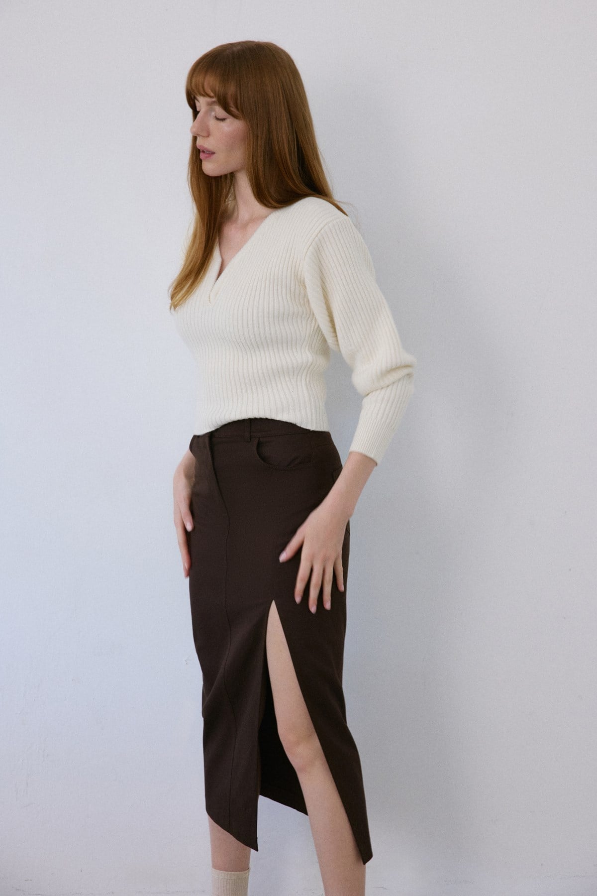 High Waist Asymmetric Slit Midi  Skirt