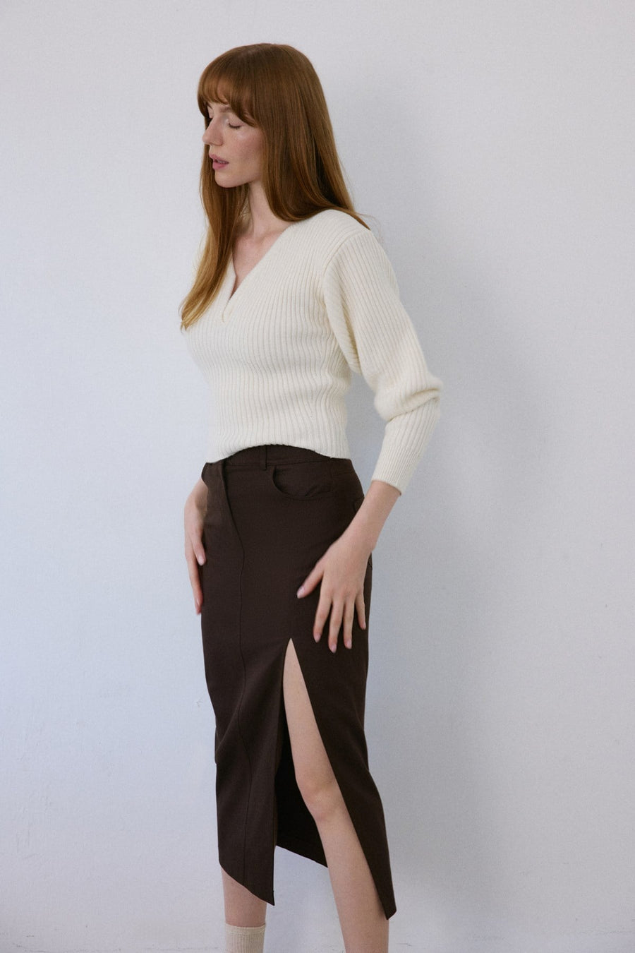 High Waist Asymmetric Slit Midi  Skirt