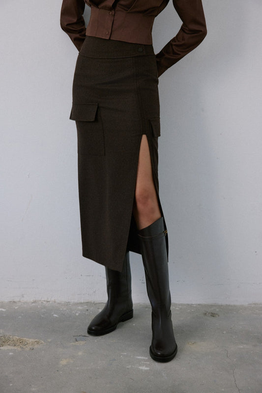 High Waist Cargo Pocket Midi  Skirt