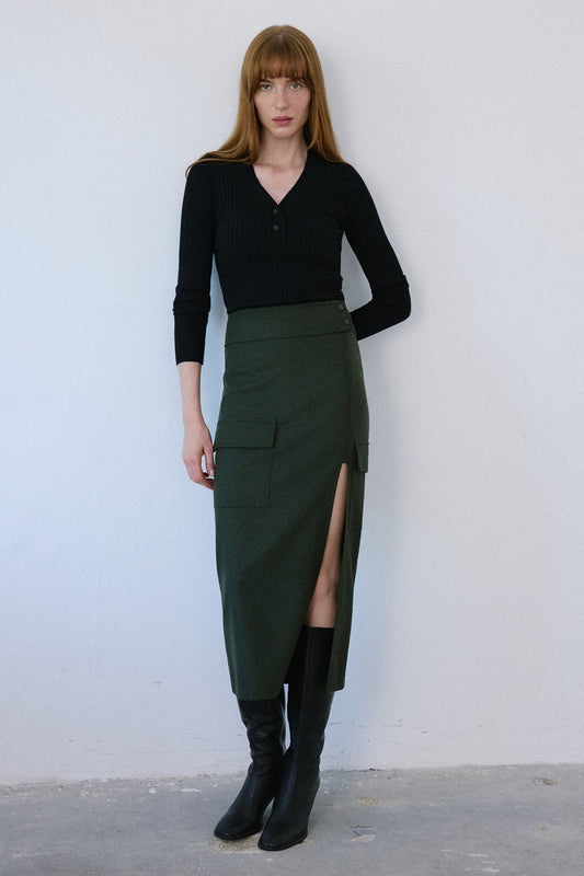 High Waist Cargo Pocket Midi  Skirt