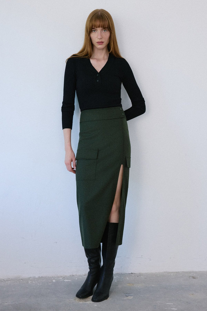 High Waist Cargo Pocket Midi  Skirt