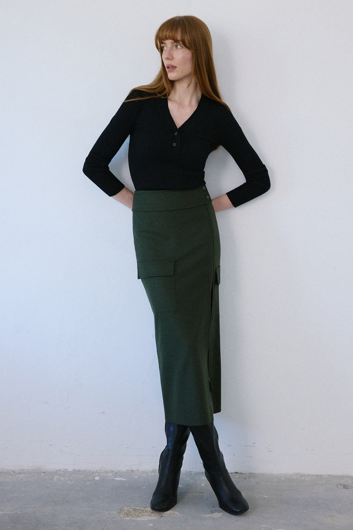 High Waist Cargo Pocket Midi  Skirt
