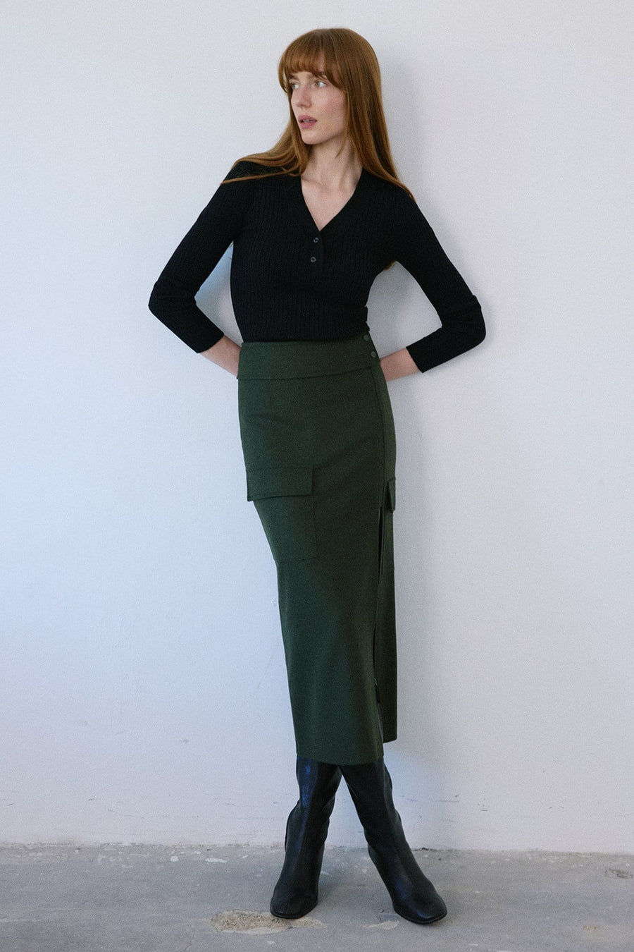 High Waist Cargo Pocket Midi  Skirt