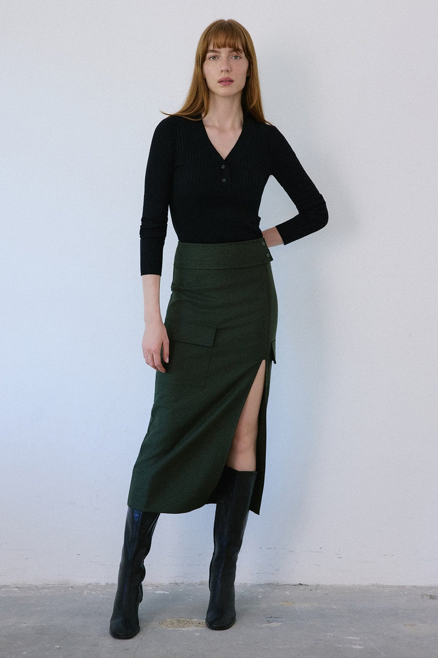 High Waist Cargo Pocket Midi  Skirt