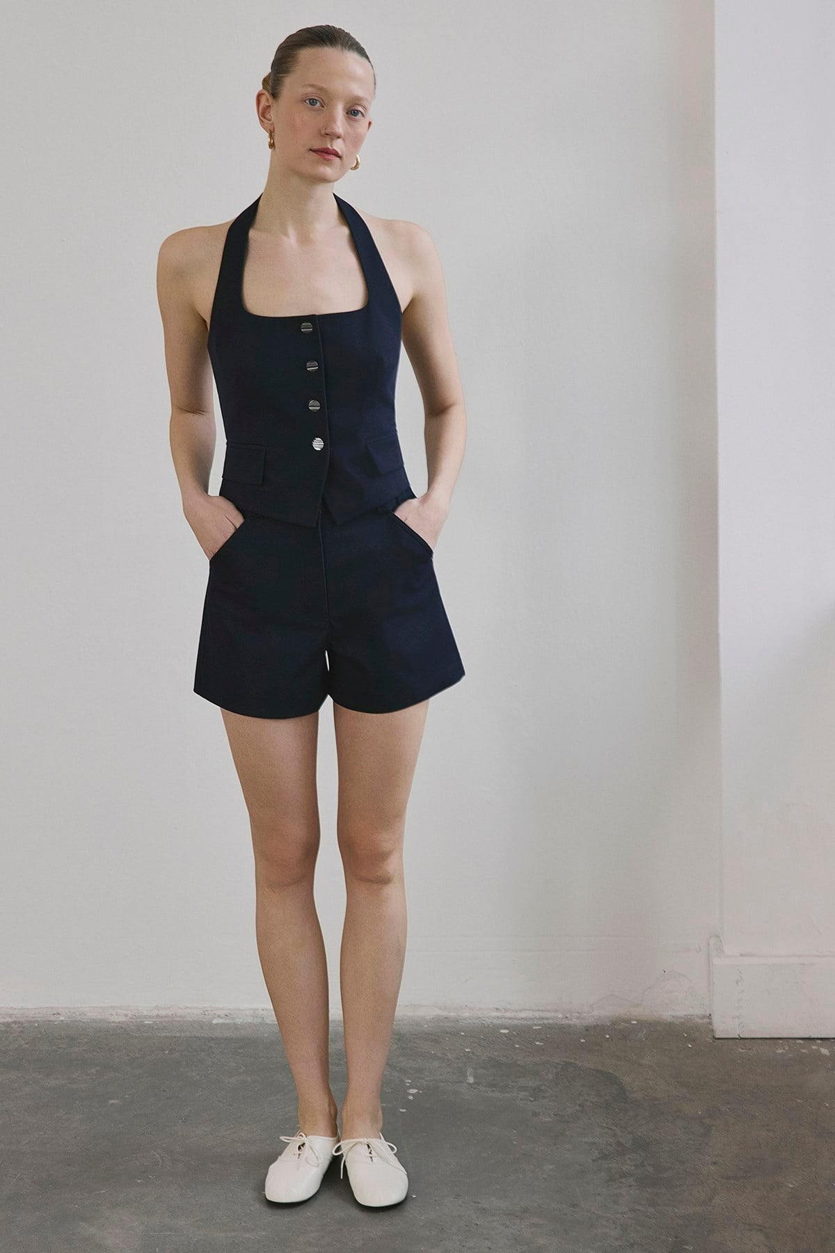 Navy High Waist Denim Textured  Blue Mini Shorts