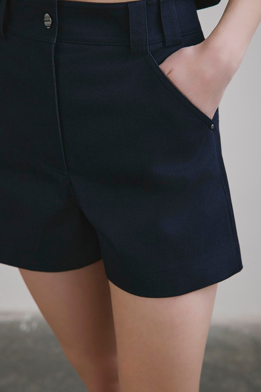 Navy High Waist Denim Textured  Blue Mini Shorts