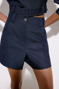 Navy High Waist Denim Textured  Blue Mini Shorts