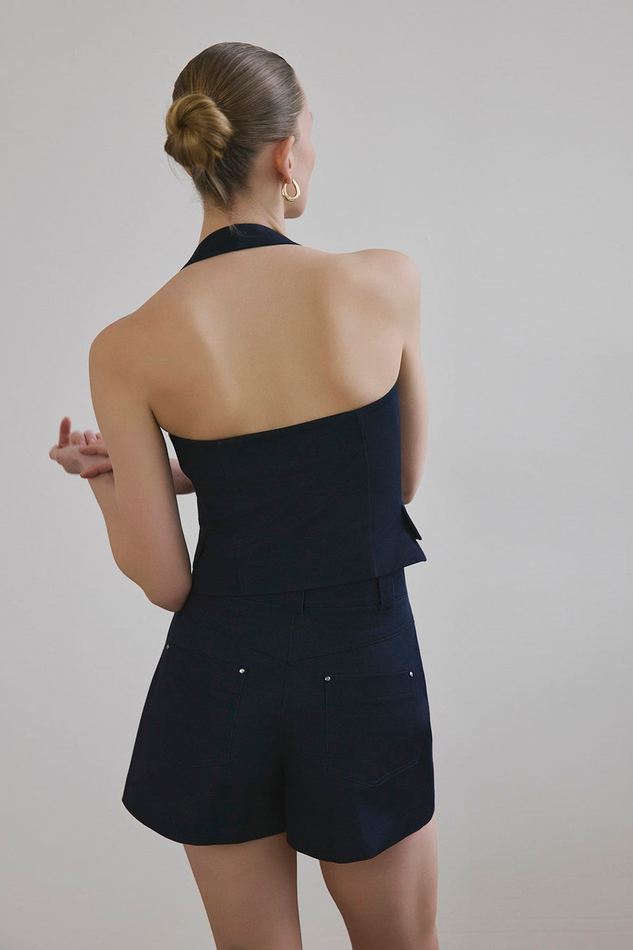 Navy High Waist Denim Textured  Blue Mini Shorts