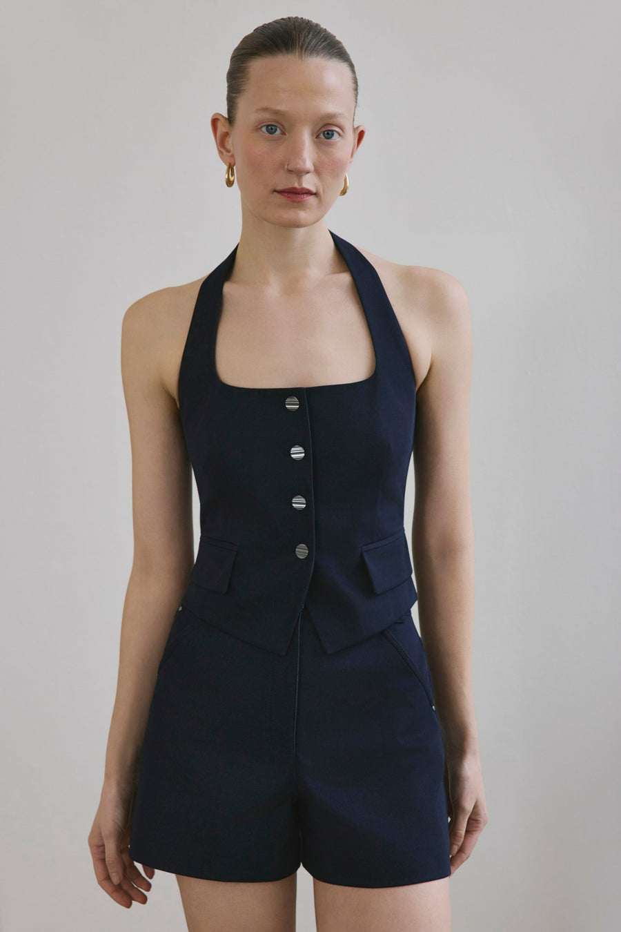 Navy High Waist Denim Textured  Blue Mini Shorts