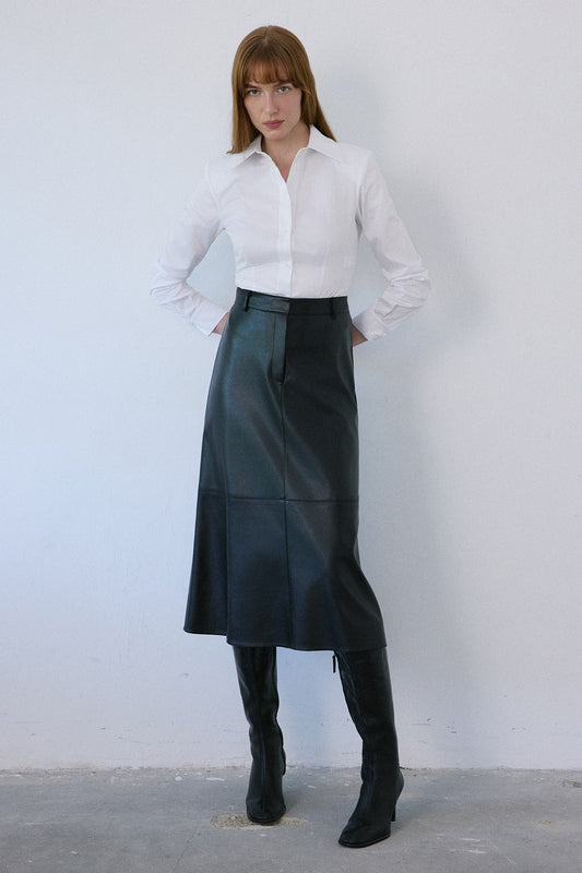 High Waist Faux Leather Midi  Skirt