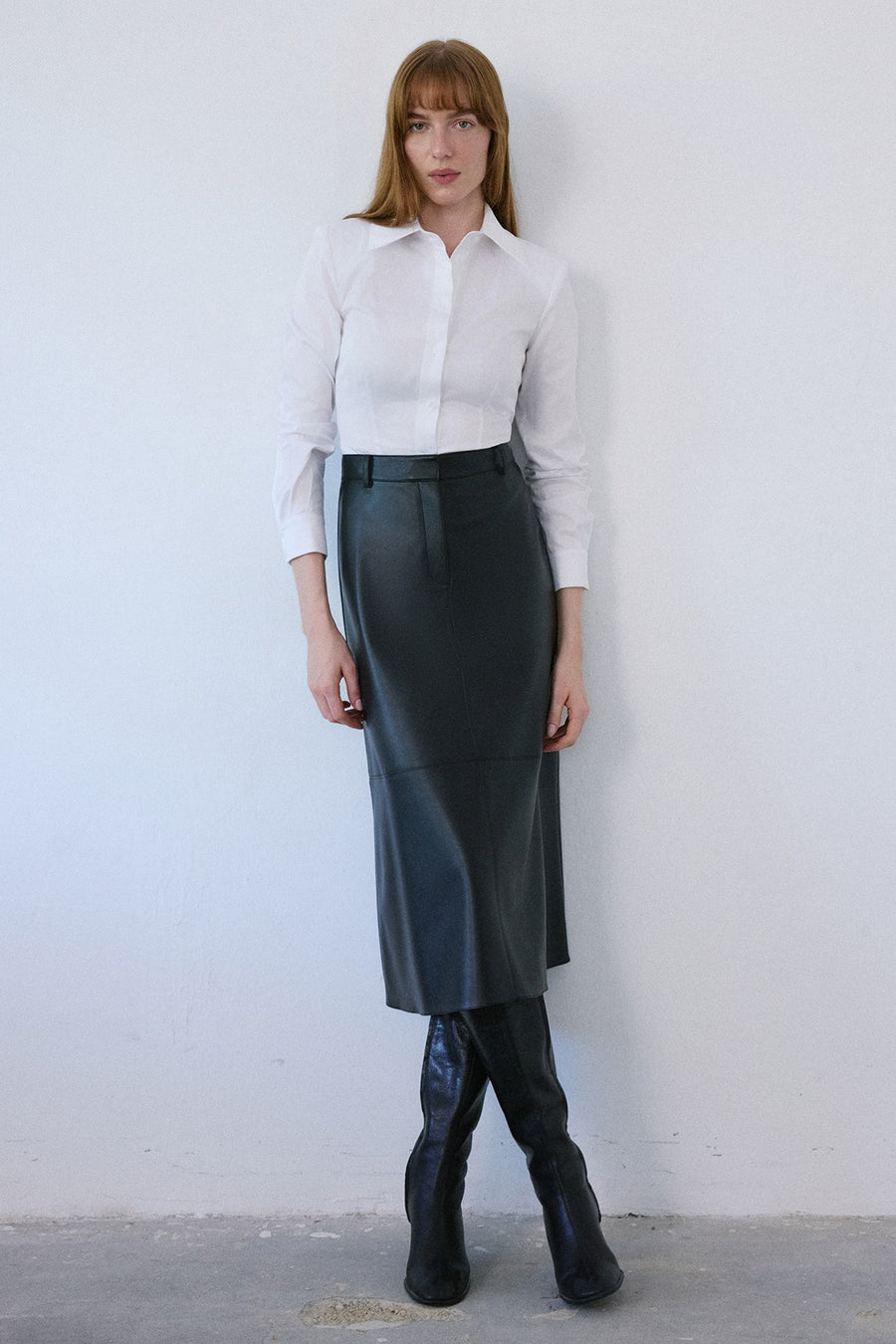High Waist Faux Leather Midi  Skirt